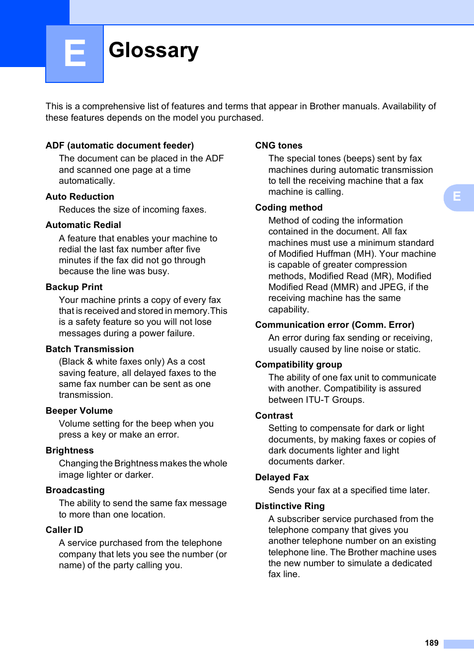 E glossary, Glossary | Brother MFC-490CW User Manual | Page 205 / 216