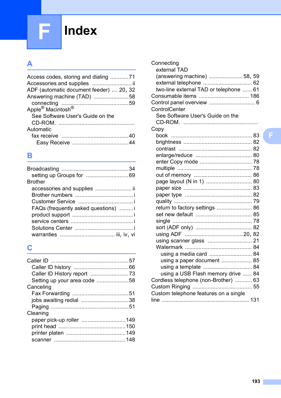 Index | Brother MFC-490CW User Manual | Page 209 / 216