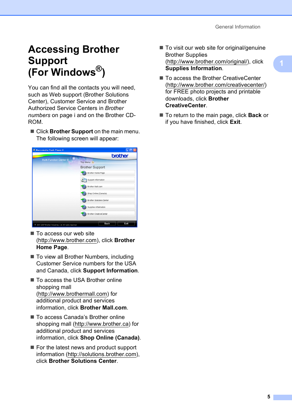 Accessing brother support (for windows®), Accessing brother support (for windows | Brother MFC-490CW User Manual | Page 21 / 216