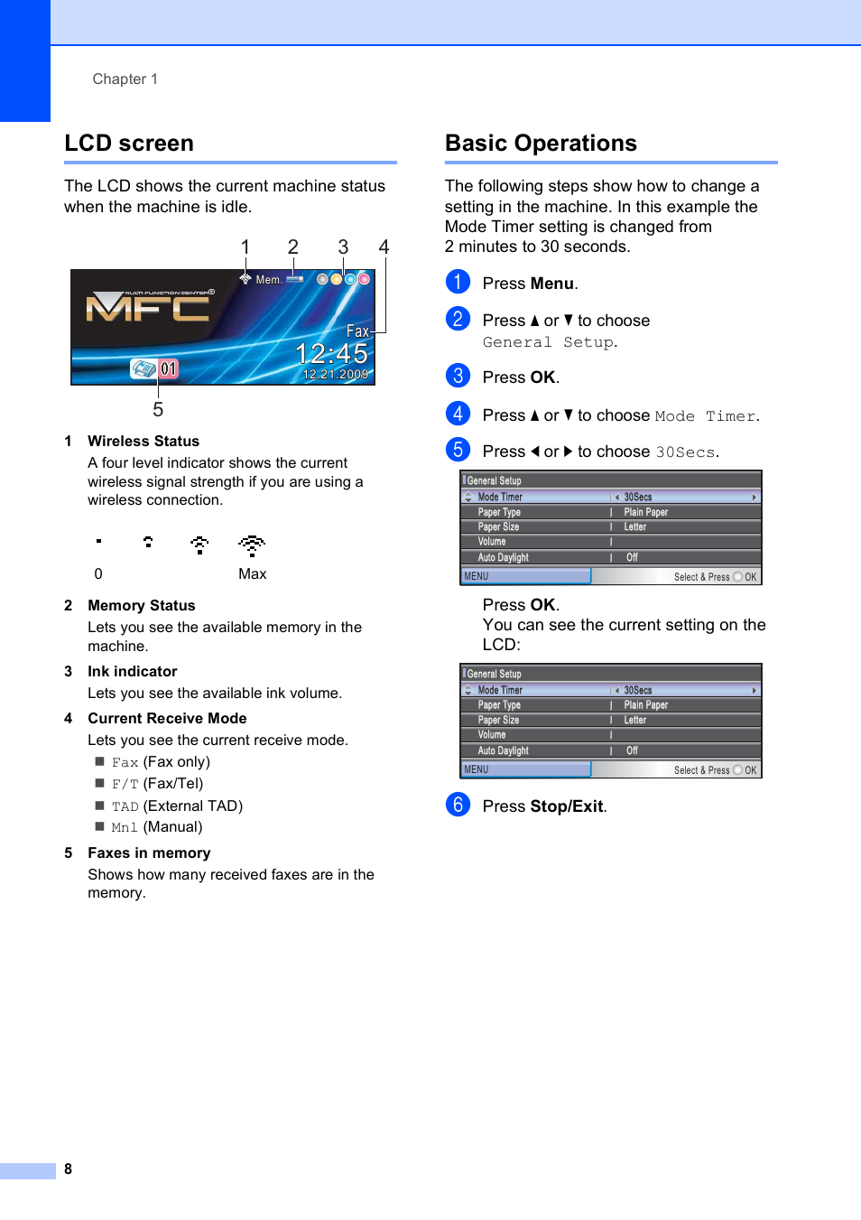 Lcd screen, Basic operations, Lcd screen basic operations | Brother MFC-490CW User Manual | Page 24 / 216