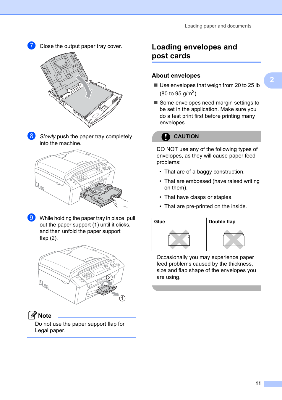 Loading envelopes and post cards, About envelopes | Brother MFC-490CW User Manual | Page 27 / 216
