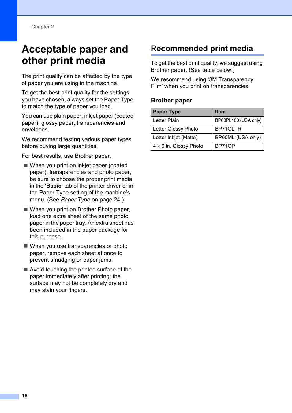 Acceptable paper and other print media, Recommended print media | Brother MFC-490CW User Manual | Page 32 / 216