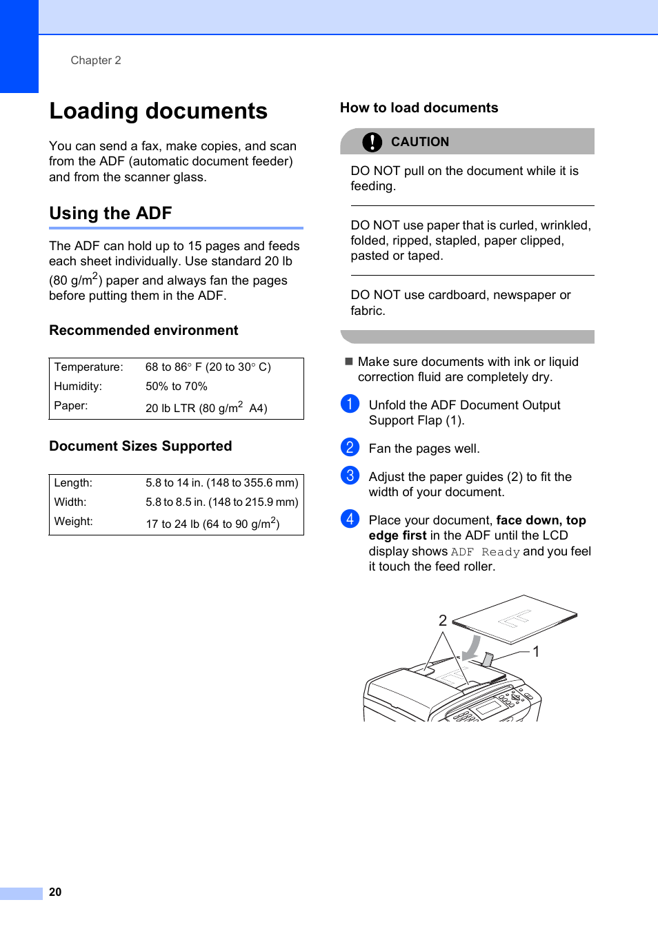 Loading documents, Using the adf, Recommended environment | Document sizes supported, How to load documents | Brother MFC-490CW User Manual | Page 36 / 216