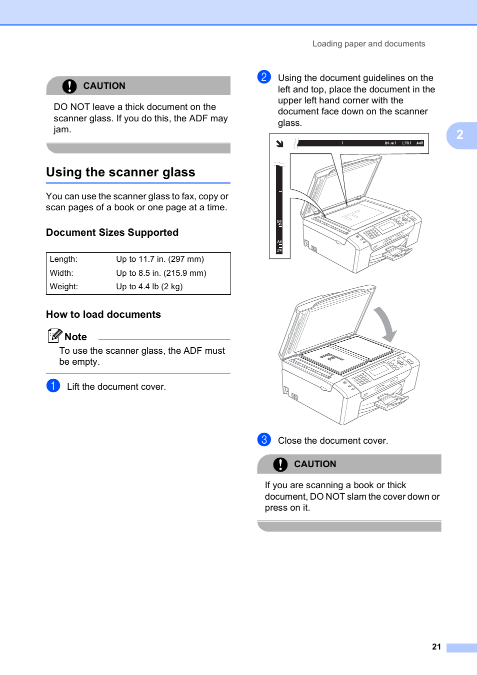 Using the scanner glass, Document sizes supported, How to load documents | Brother MFC-490CW User Manual | Page 37 / 216