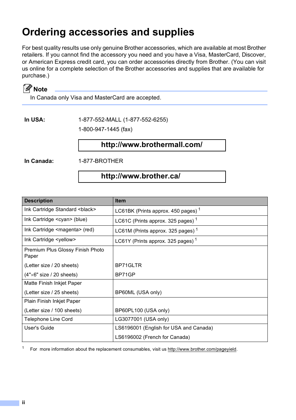 Ordering accessories and supplies | Brother MFC-490CW User Manual | Page 4 / 216
