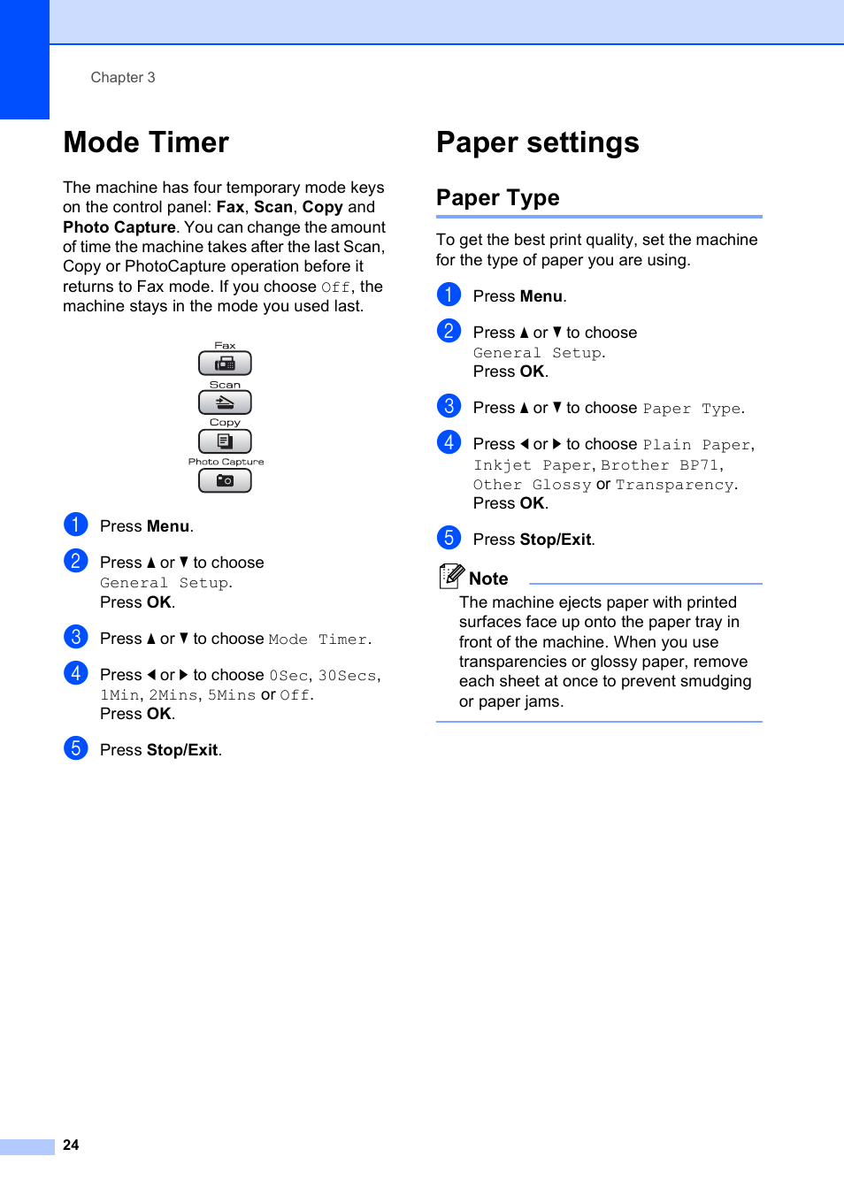 Mode timer, Paper settings, Paper type | Mode timer paper settings | Brother MFC-490CW User Manual | Page 40 / 216