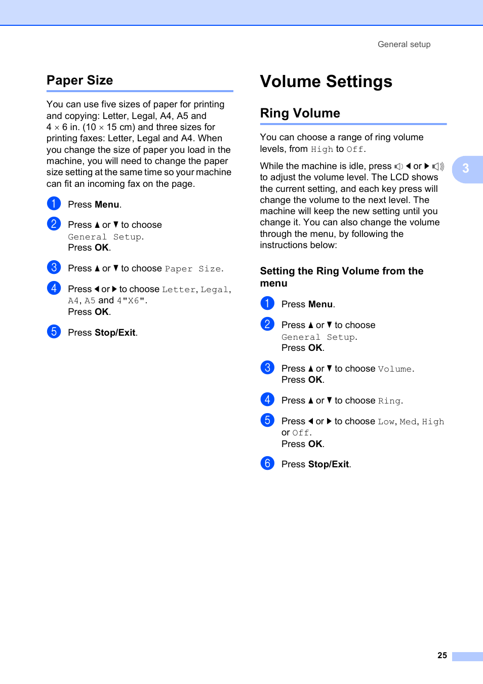Paper size, Volume settings, Ring volume | Setting the ring volume from the menu, 3paper size | Brother MFC-490CW User Manual | Page 41 / 216