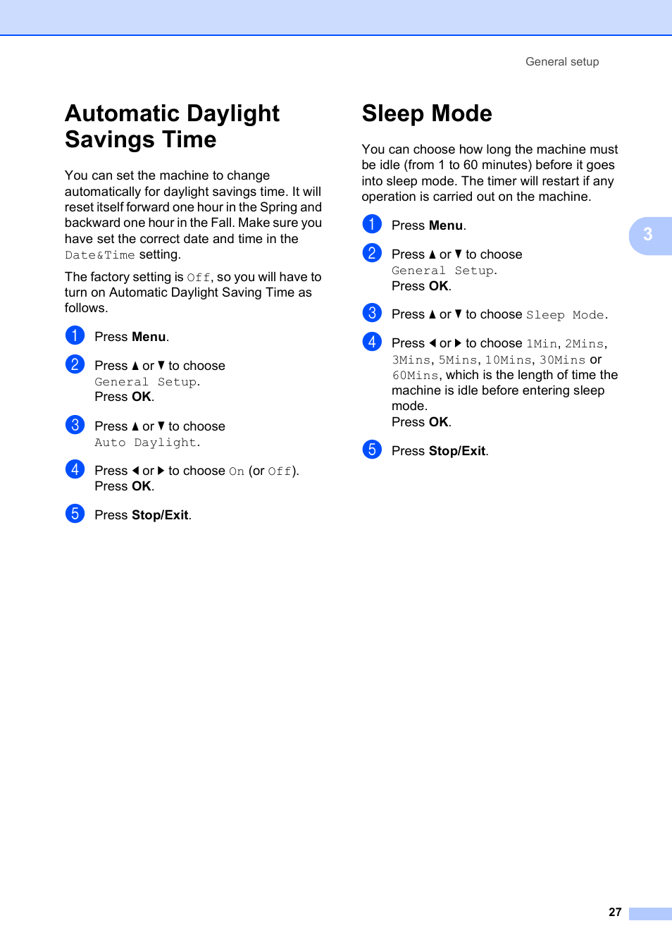 Automatic daylight savings time, Sleep mode, Automatic daylight savings time sleep mode | Brother MFC-490CW User Manual | Page 43 / 216