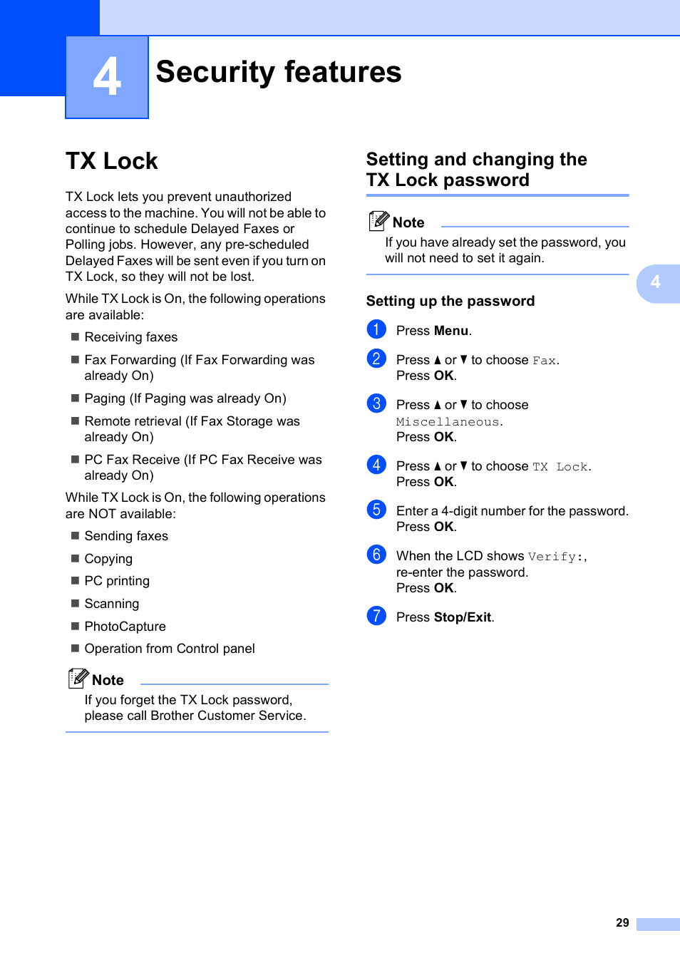 4 security features, Tx lock, Setting and changing the tx lock password | Setting up the password, Security features | Brother MFC-490CW User Manual | Page 45 / 216