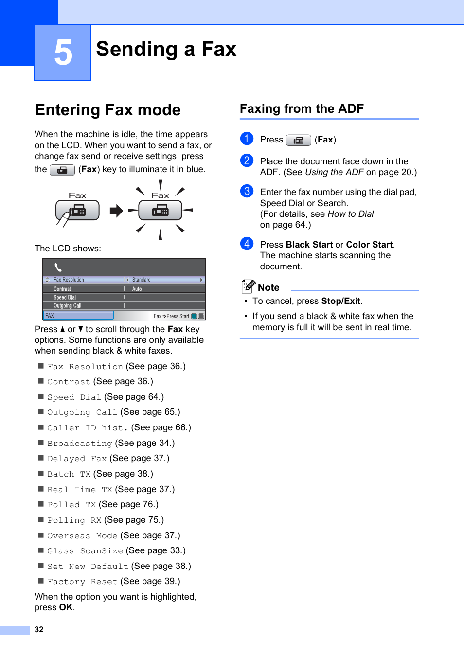 5 sending a fax, Entering fax mode, Faxing from the adf | Sending a fax | Brother MFC-490CW User Manual | Page 48 / 216