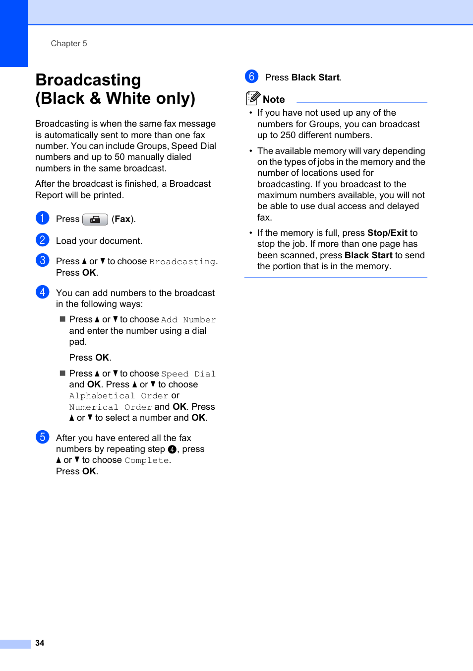 Broadcasting (black & white only) | Brother MFC-490CW User Manual | Page 50 / 216