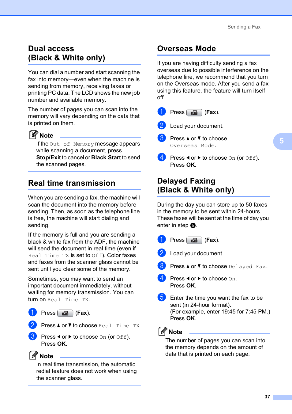 Dual access (black & white only), Real time transmission, Overseas mode | Delayed faxing (black & white only), 5dual access (black & white only) | Brother MFC-490CW User Manual | Page 53 / 216