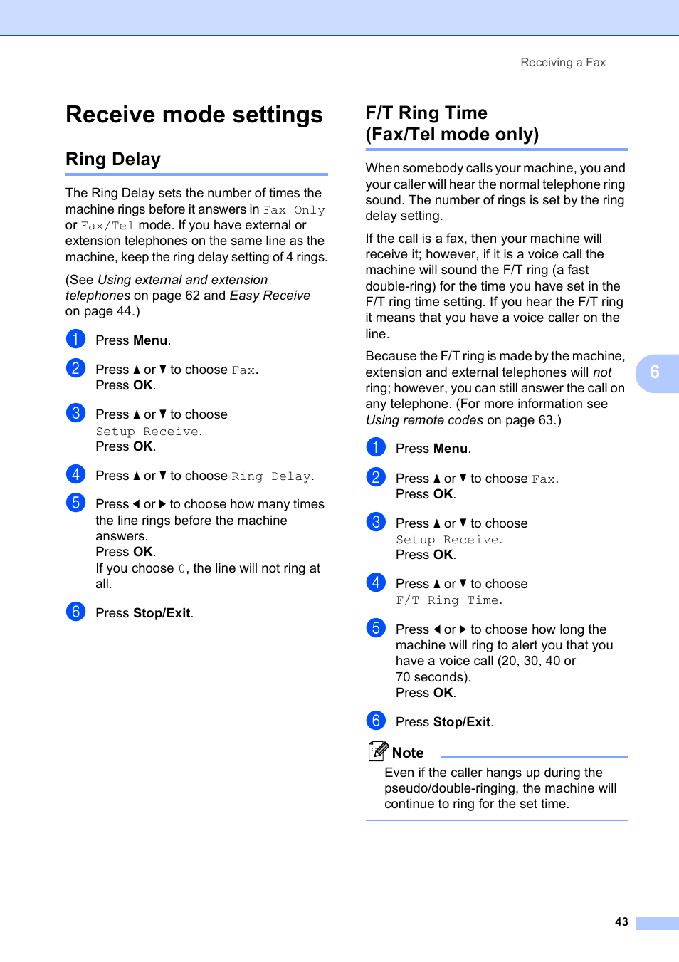Receive mode settings, Ring delay, F/t ring time (fax/tel mode only) | Ring delay f/t ring time (fax/tel mode only) | Brother MFC-490CW User Manual | Page 59 / 216