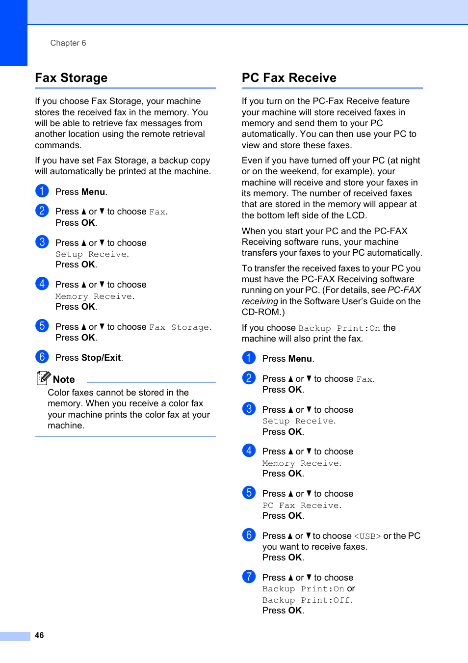 Fax storage, Pc fax receive, Fax storage pc fax receive | Brother MFC-490CW User Manual | Page 62 / 216