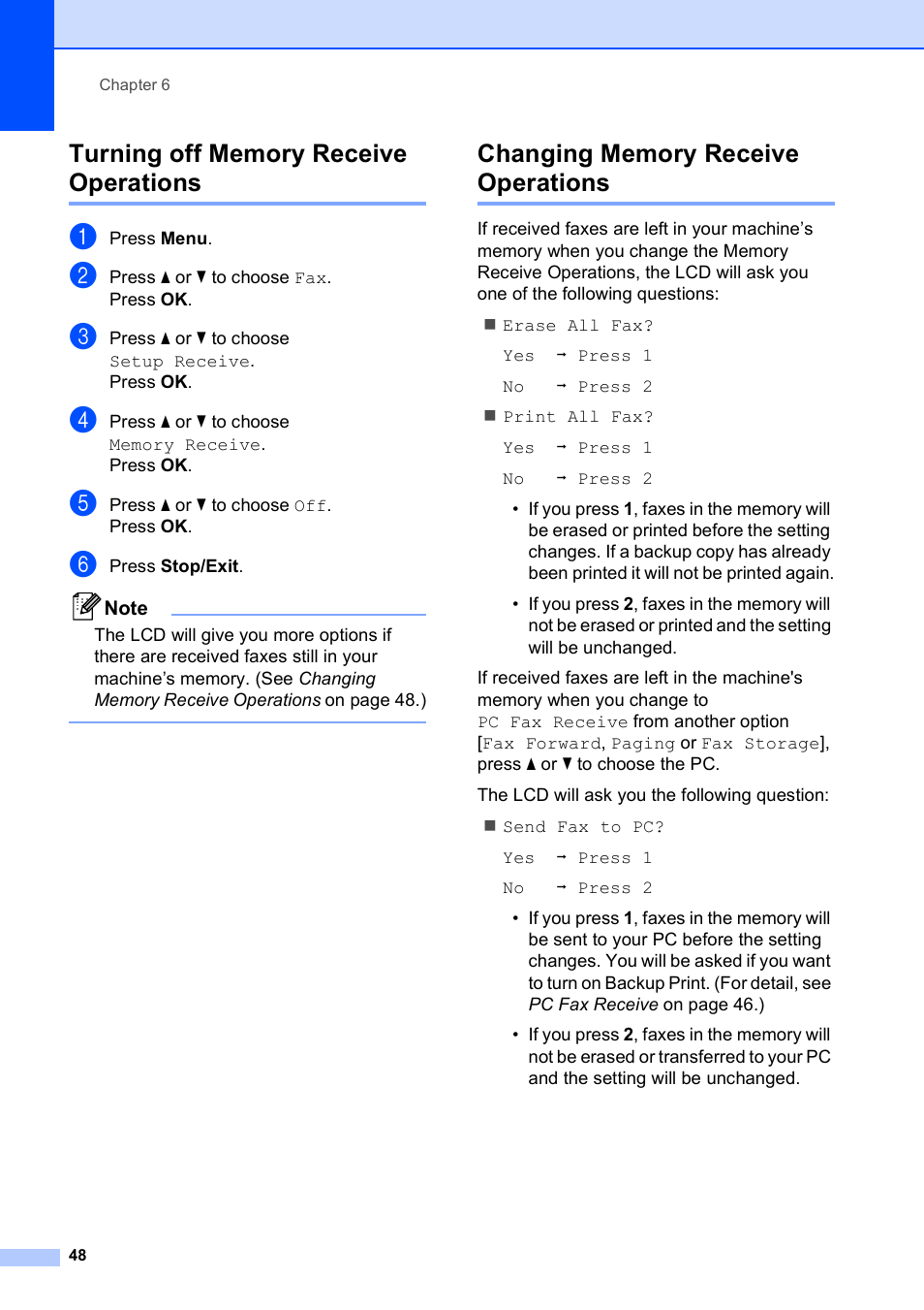 Turning off memory receive operations, Changing memory receive operations | Brother MFC-490CW User Manual | Page 64 / 216