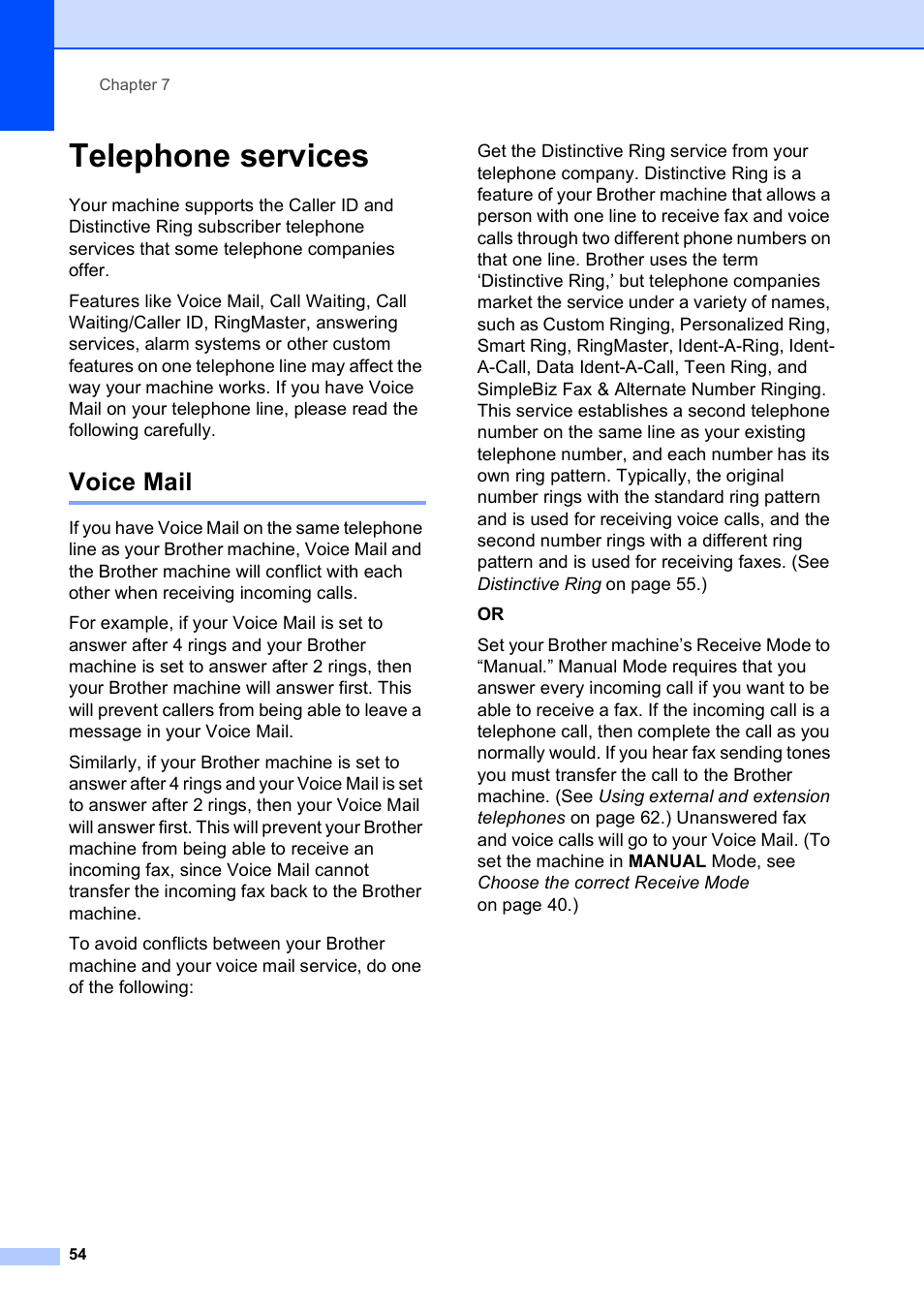 Telephone services, Voice mail | Brother MFC-490CW User Manual | Page 70 / 216
