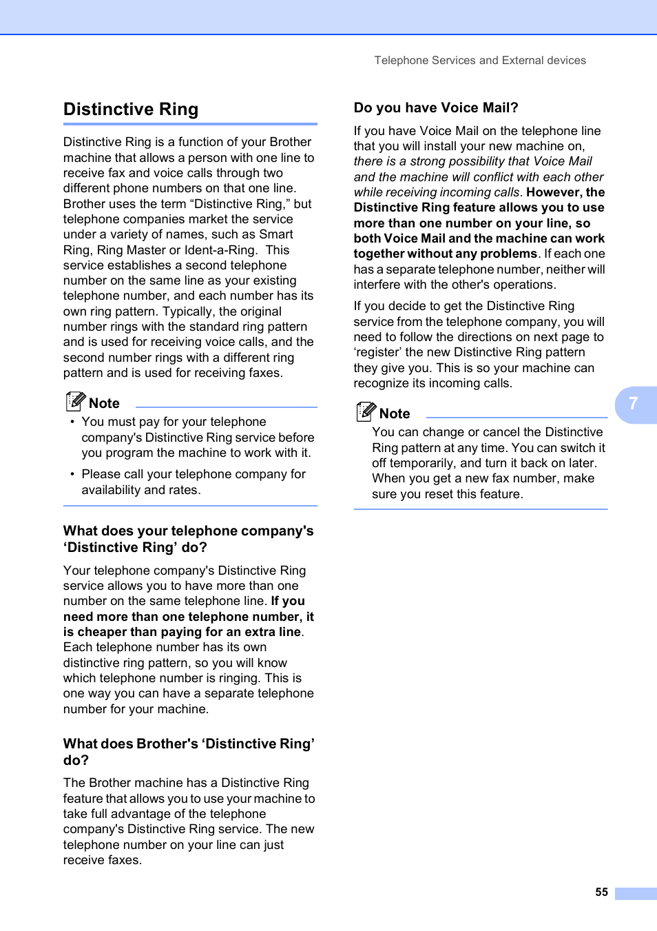 Distinctive ring, What does brother's ‘distinctive ring’ do, Do you have voice mail | 7distinctive ring | Brother MFC-490CW User Manual | Page 71 / 216
