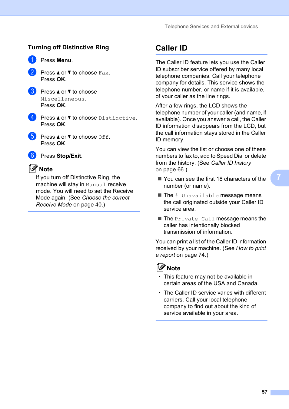 Turning off distinctive ring, Caller id | Brother MFC-490CW User Manual | Page 73 / 216