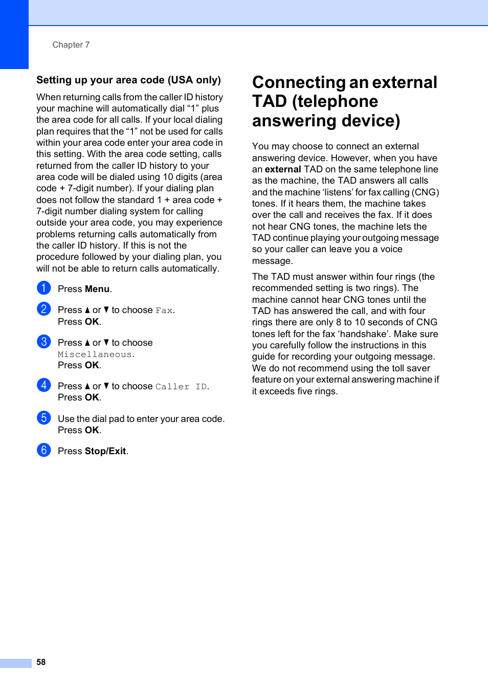 Setting up your area code (usa only) | Brother MFC-490CW User Manual | Page 74 / 216
