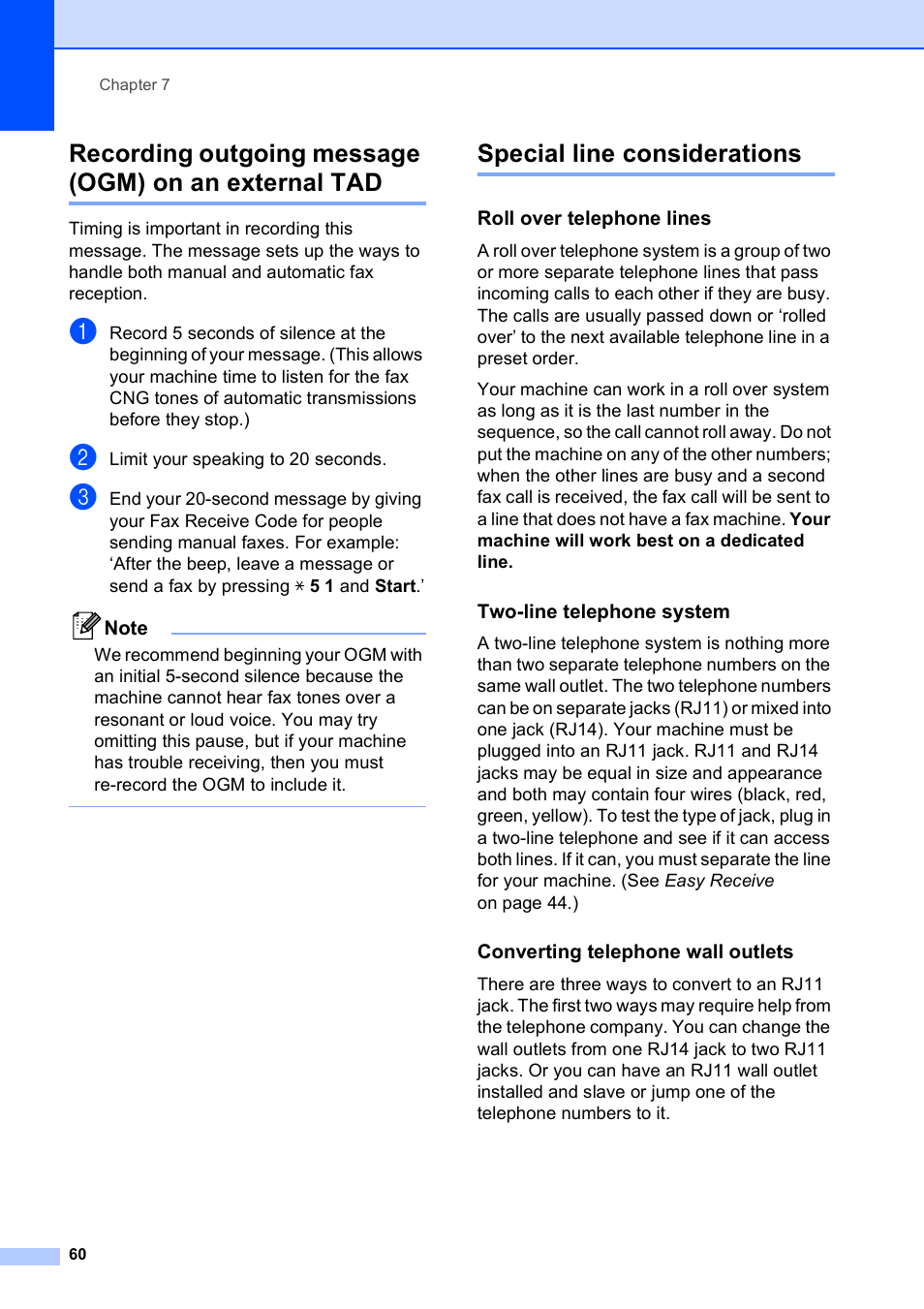 Special line considerations, Roll over telephone lines, Two-line telephone system | Converting telephone wall outlets | Brother MFC-490CW User Manual | Page 76 / 216