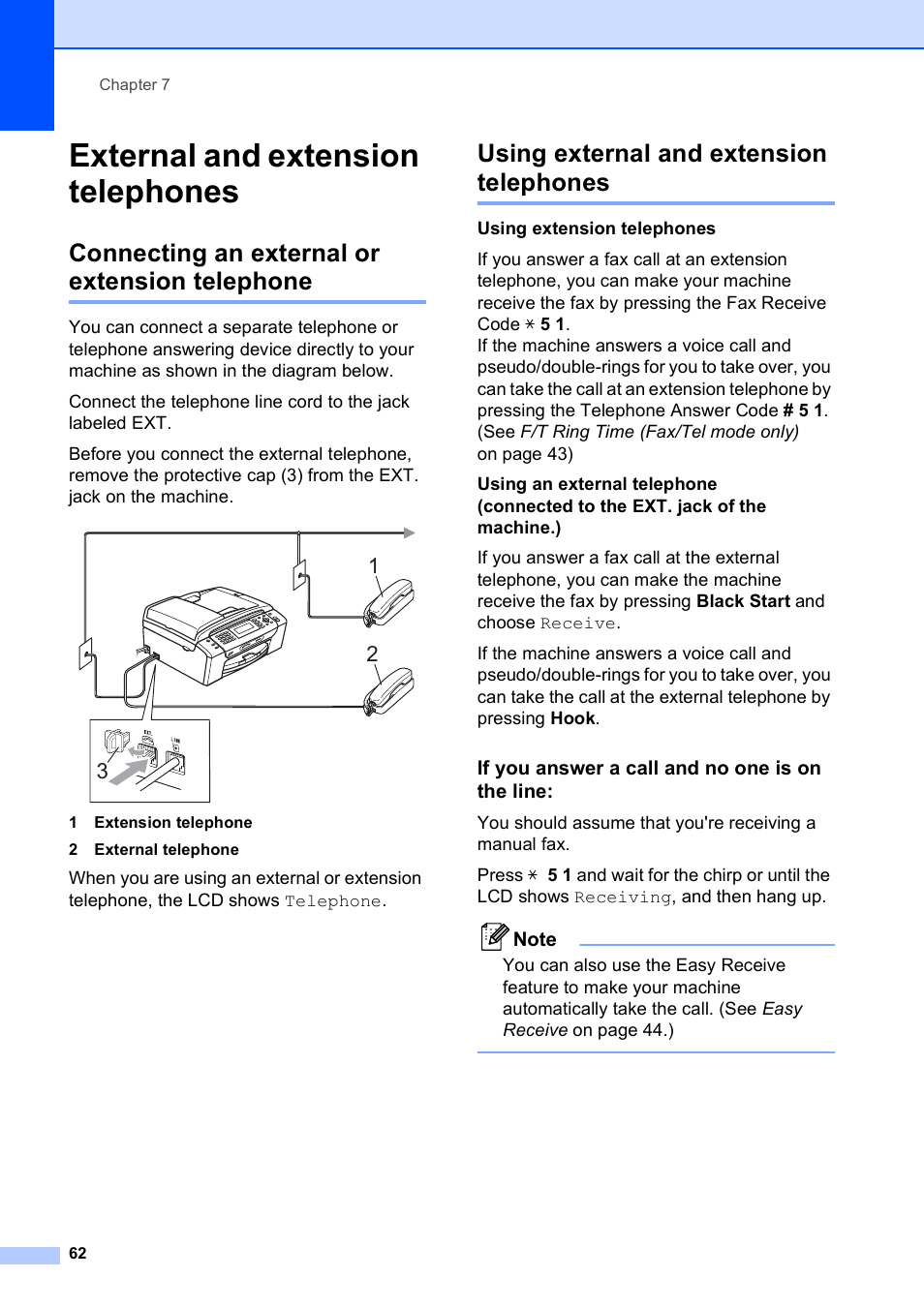 External and extension telephones, Connecting an external or extension telephone, Using external and extension telephones | If you answer a call and no one is on the line | Brother MFC-490CW User Manual | Page 78 / 216