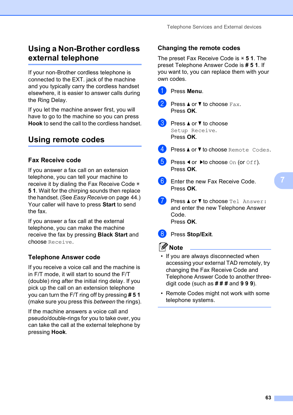 Using a non-brother cordless external telephone, Using remote codes, Fax receive code | Telephone answer code, Changing the remote codes, 7using a non-brother cordless external telephone | Brother MFC-490CW User Manual | Page 79 / 216