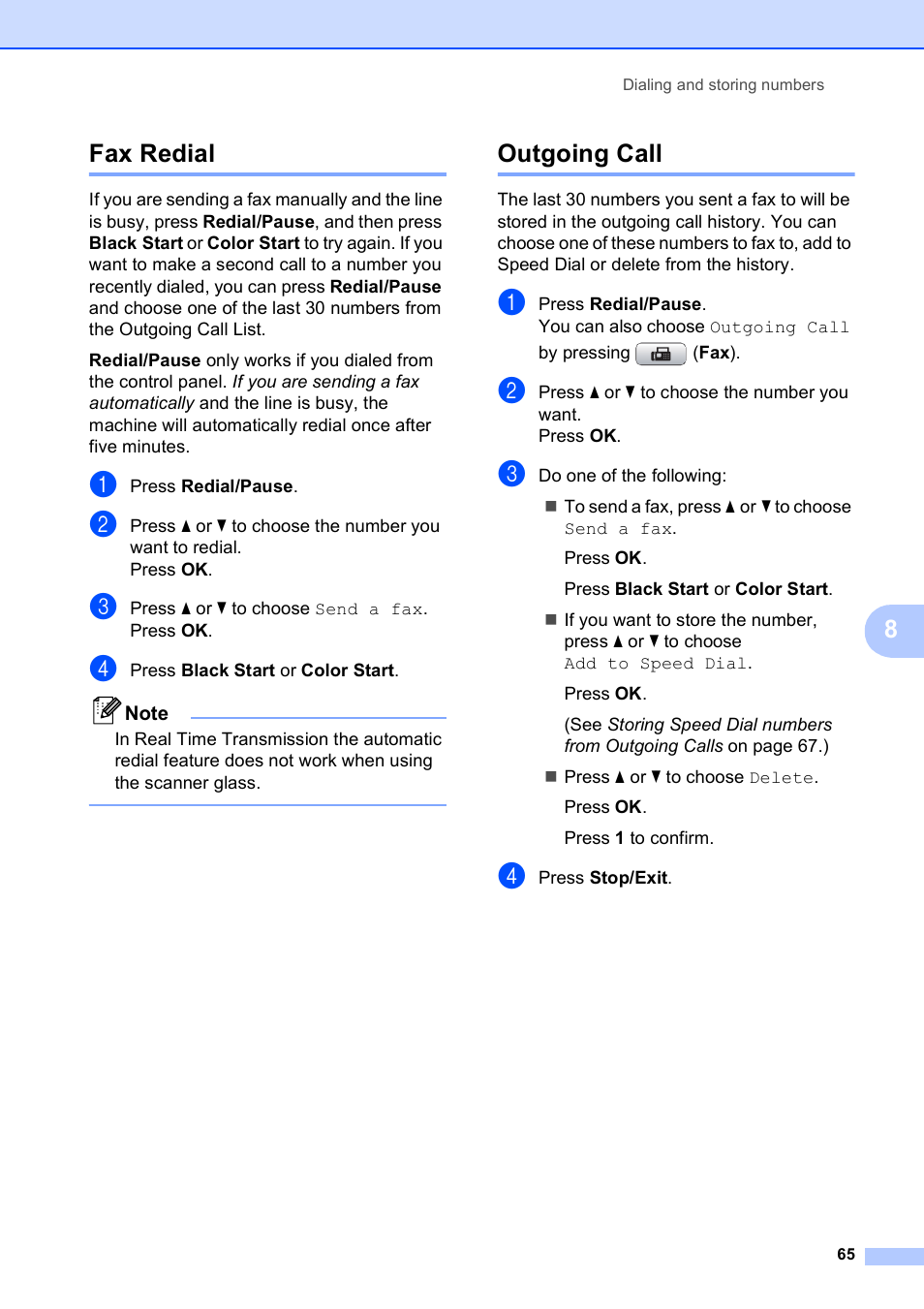 Fax redial, Outgoing call, Fax redial outgoing call | 8fax redial | Brother MFC-490CW User Manual | Page 81 / 216