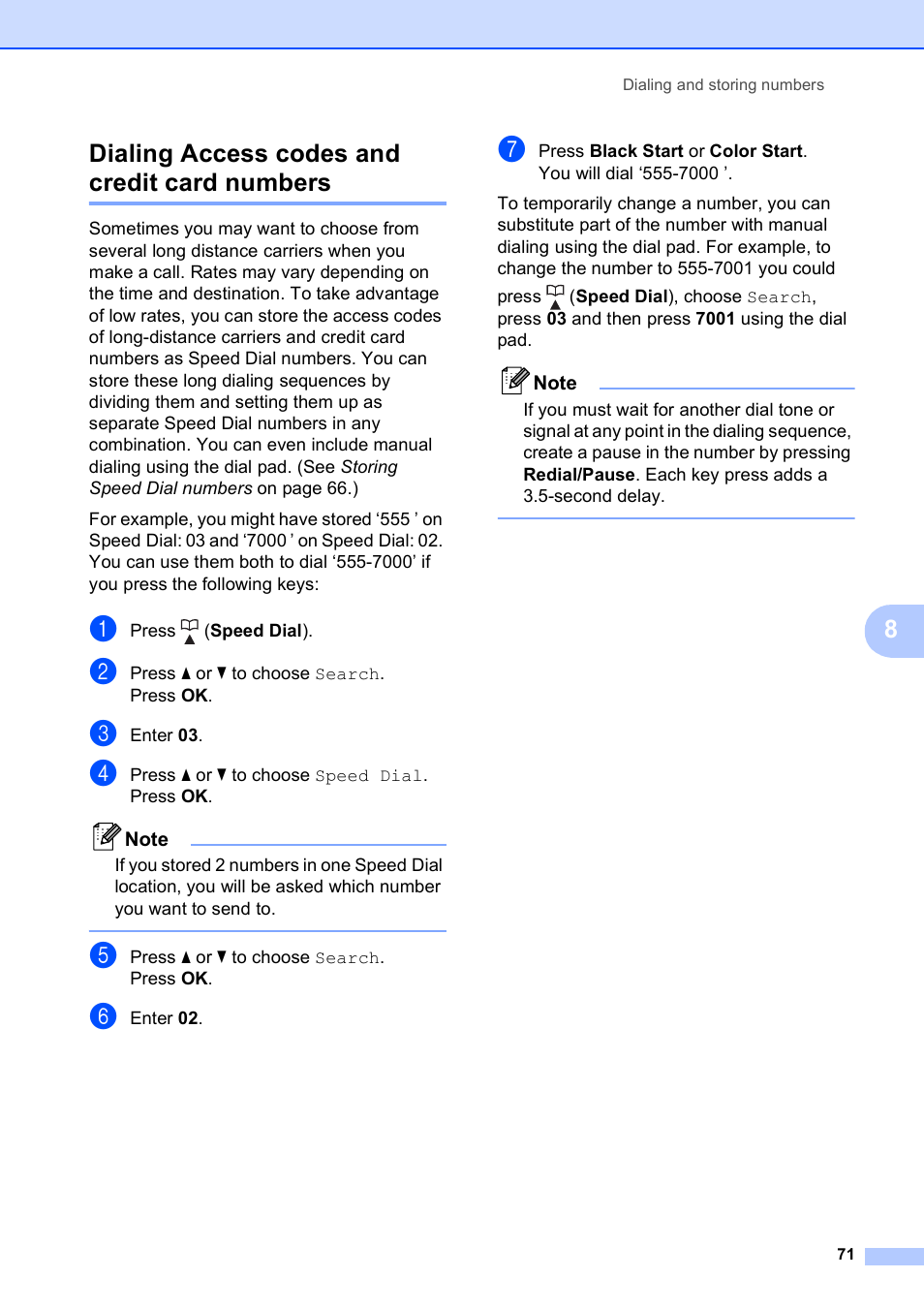 Dialing access codes and credit card numbers, 8dialing access codes and credit card numbers | Brother MFC-490CW User Manual | Page 87 / 216