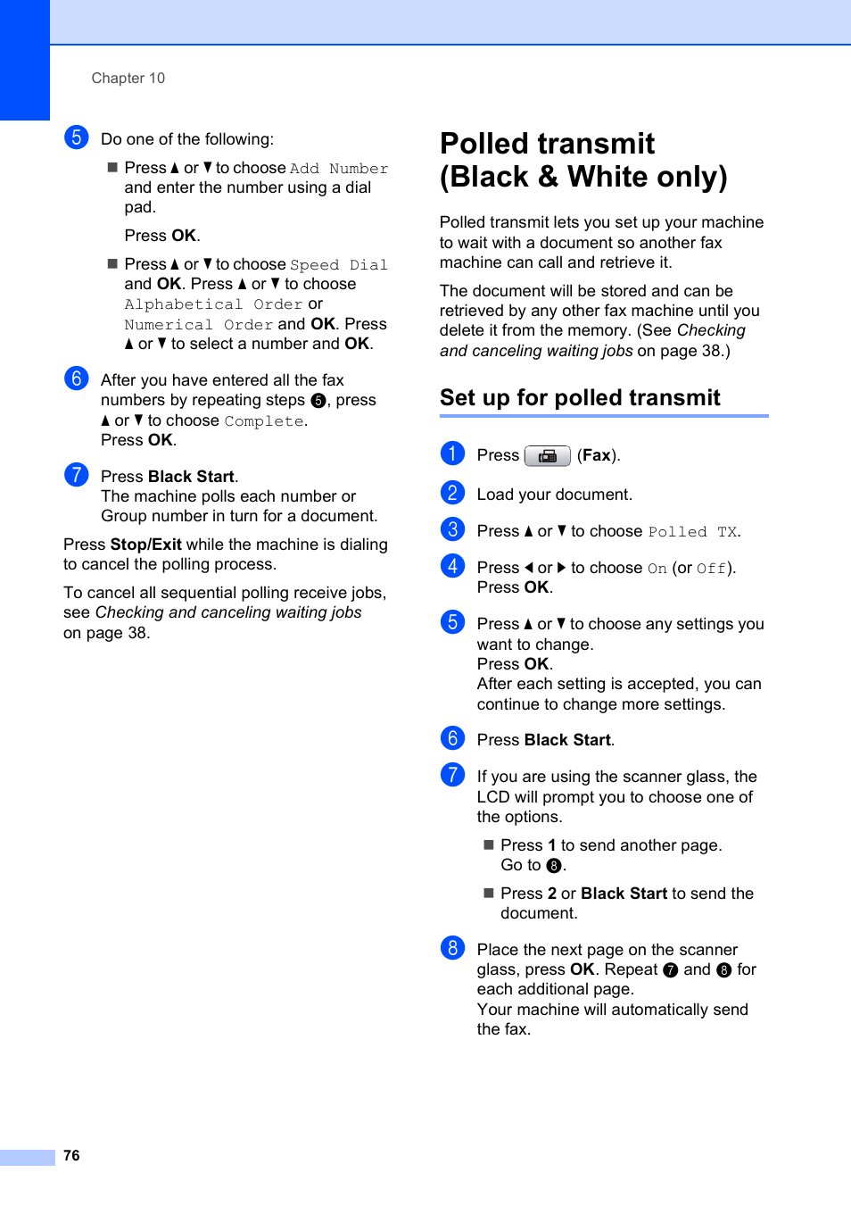 Polled transmit (black & white only), Set up for polled transmit | Brother MFC-490CW User Manual | Page 92 / 216