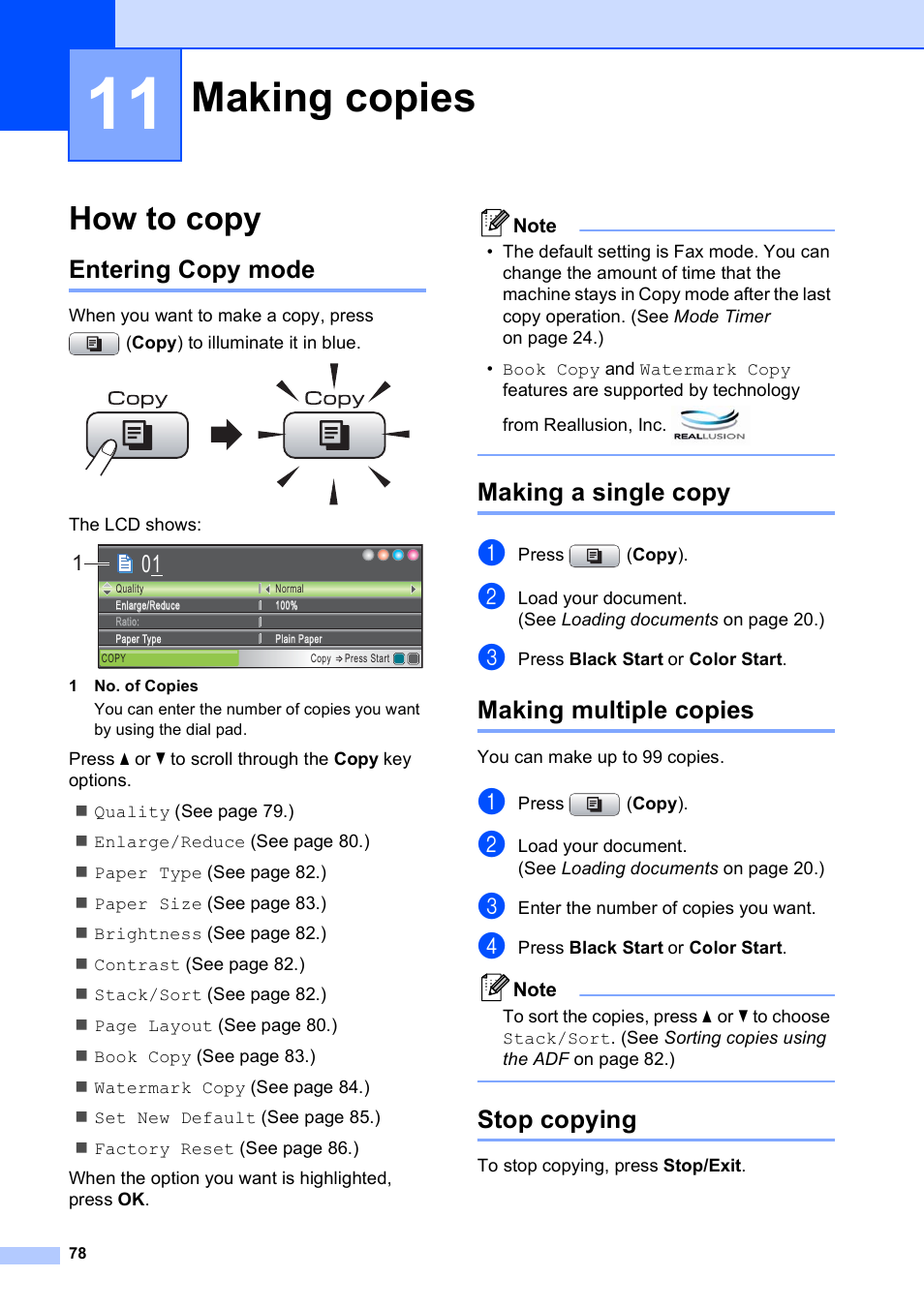 11 making copies, How to copy, Entering copy mode | Making a single copy, Making multiple copies, Stop copying, Making copies | Brother MFC-490CW User Manual | Page 94 / 216