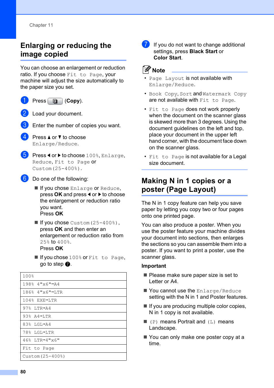 Enlarging or reducing the image copied, Making n in 1 copies or a poster (page layout) | Brother MFC-490CW User Manual | Page 96 / 216