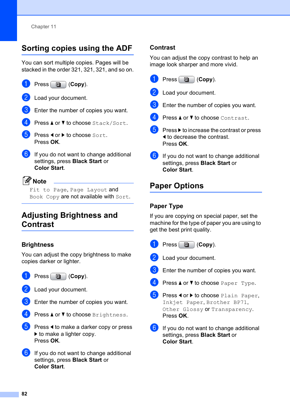 Sorting copies using the adf, Adjusting brightness and contrast, Brightness | Contrast, Paper options, Paper type | Brother MFC-490CW User Manual | Page 98 / 216