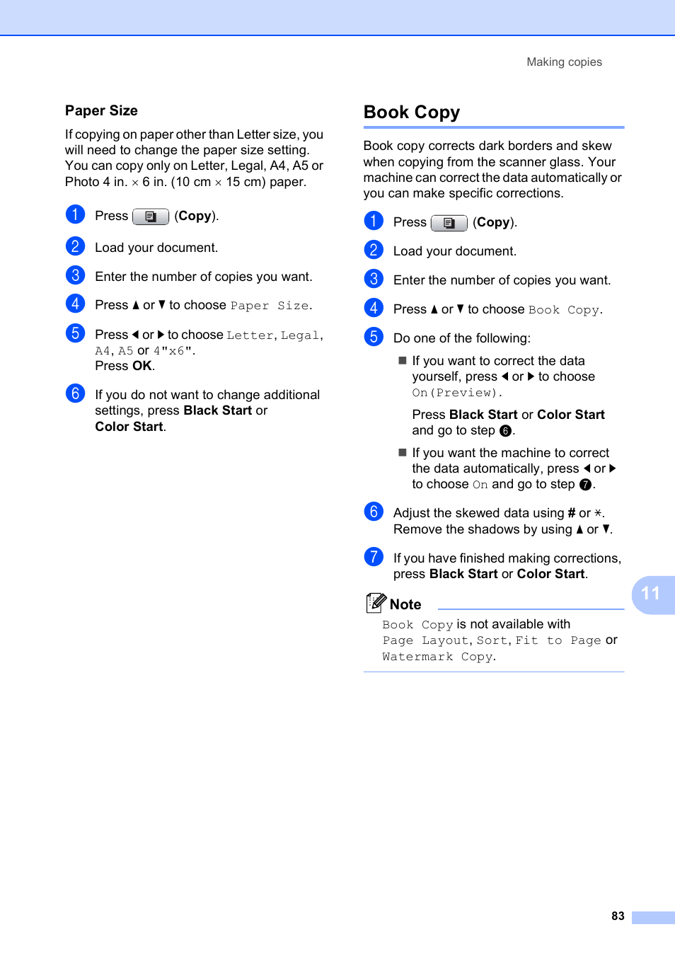 Paper size, Book copy | Brother MFC-490CW User Manual | Page 99 / 216