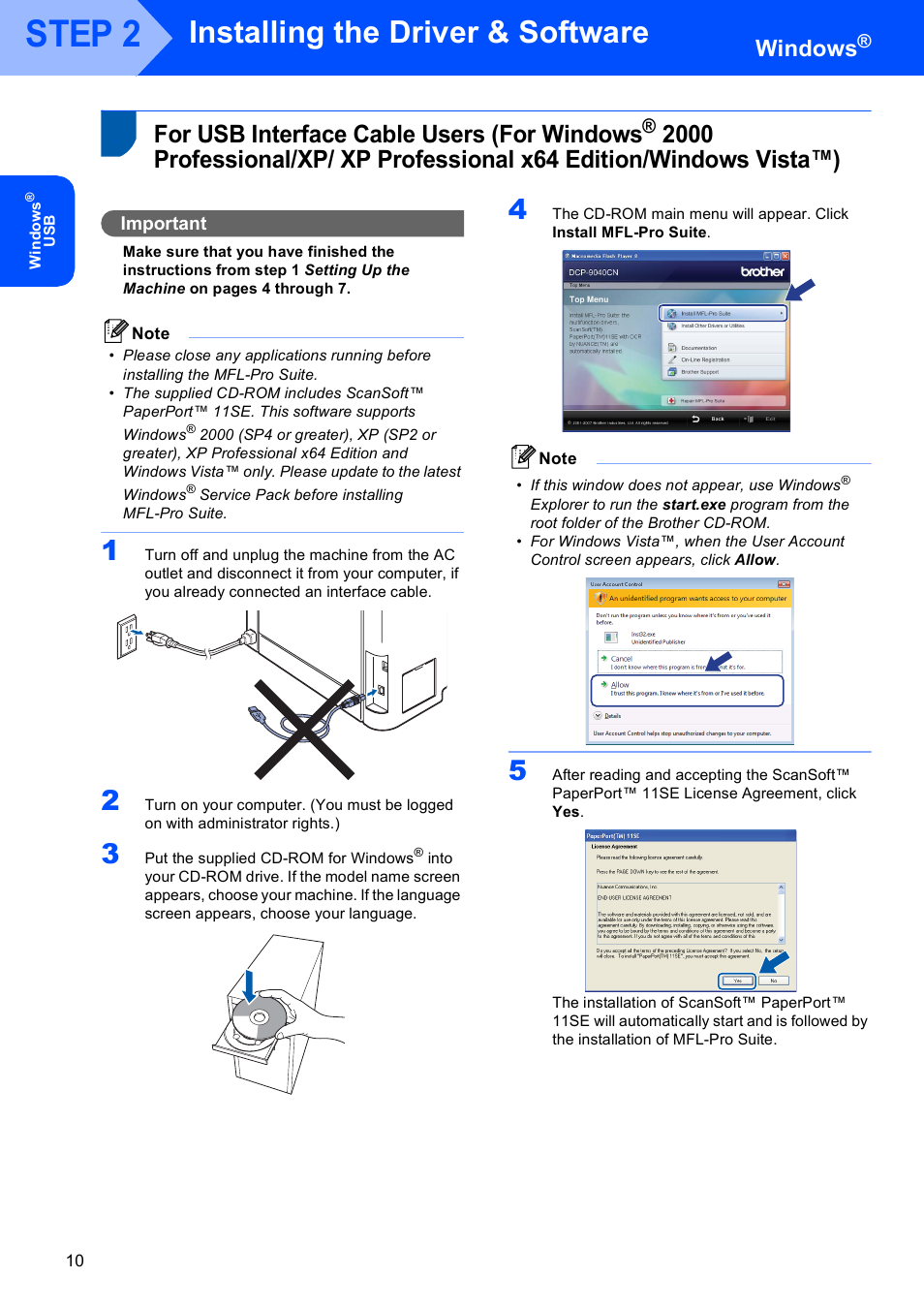 Windows, For usb interface cable users (for windows, For usb interface cable users | Step 2, Installing the driver & software, Important | Brother DCP 9040CN User Manual | Page 12 / 30