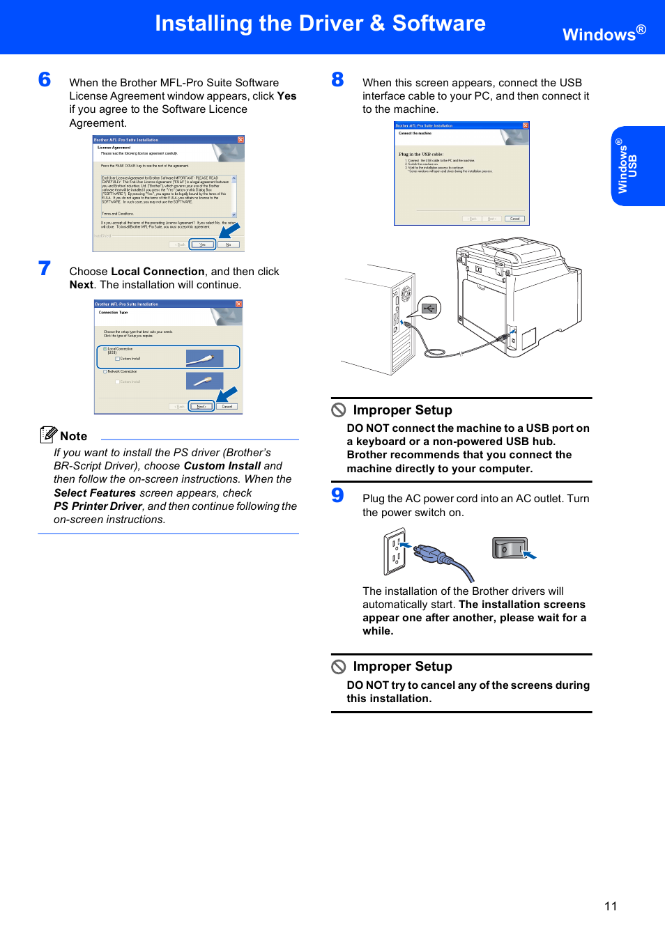 Installing the driver & software, Windows, Improper setup | Brother DCP 9040CN User Manual | Page 13 / 30