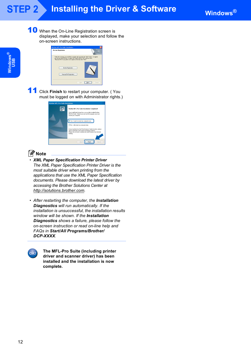 Step 2, Installing the driver & software, Windows | Brother DCP 9040CN User Manual | Page 14 / 30