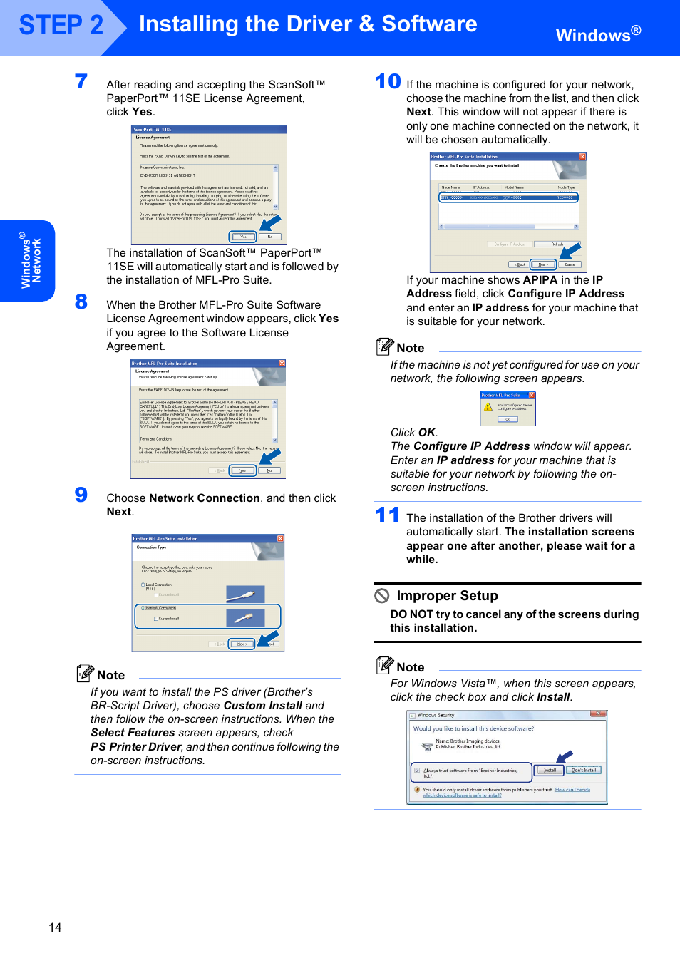 Step 2, Installing the driver & software, Windows | Improper setup | Brother DCP 9040CN User Manual | Page 16 / 30