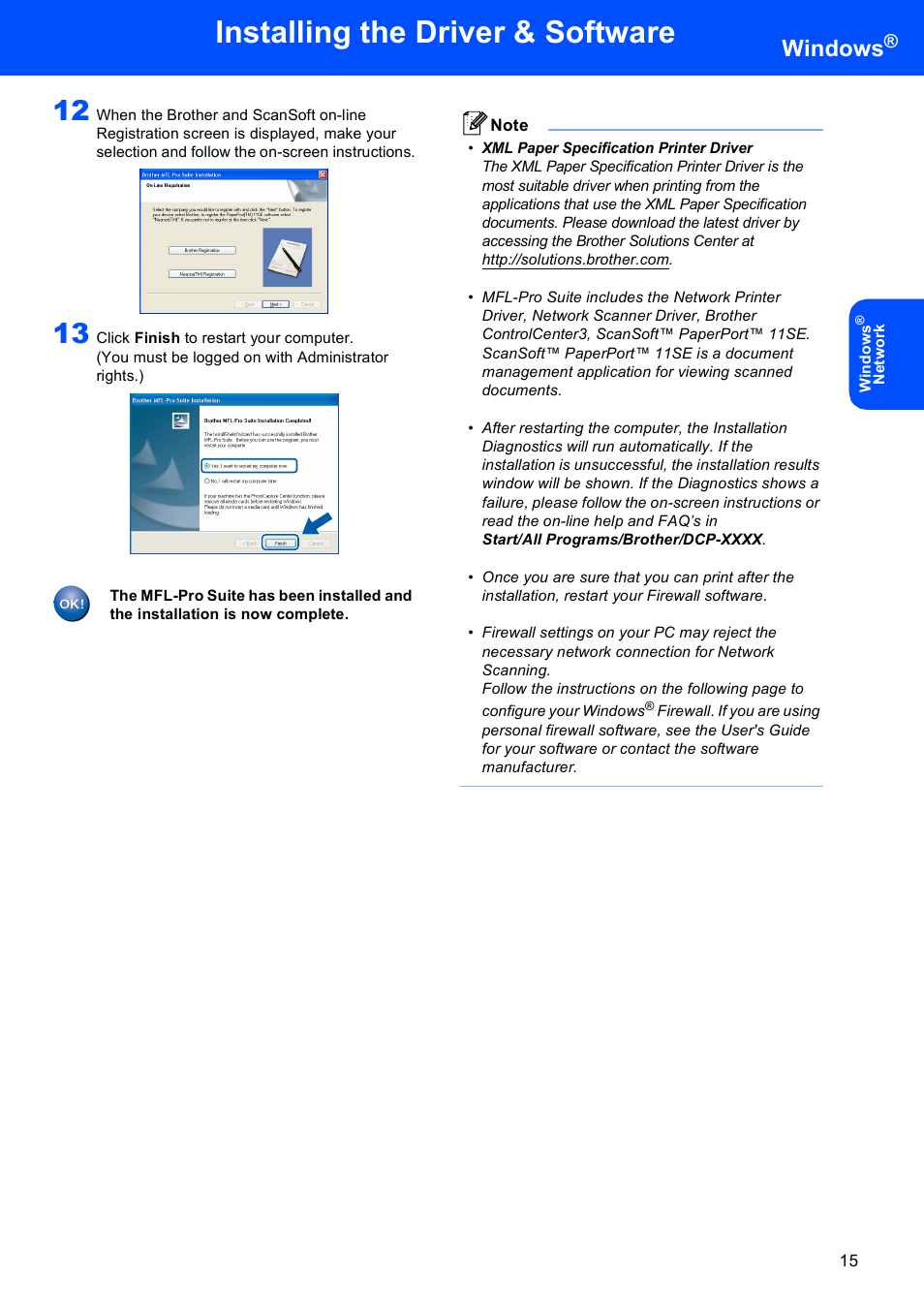 Installing the driver & software, Windows | Brother DCP 9040CN User Manual | Page 17 / 30