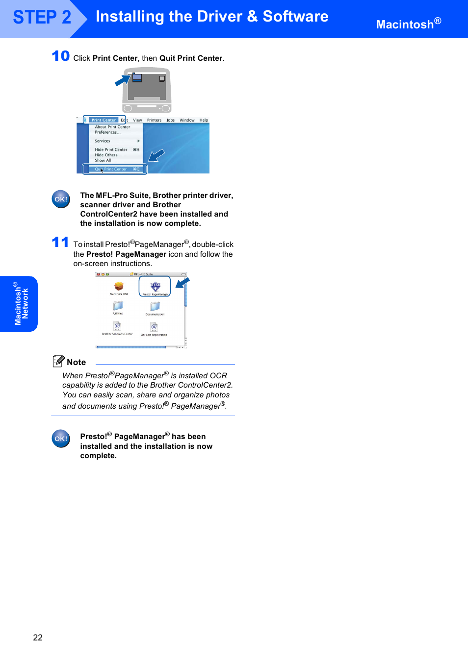 Step 2, Installing the driver & software, Macintosh | Brother DCP 9040CN User Manual | Page 24 / 30