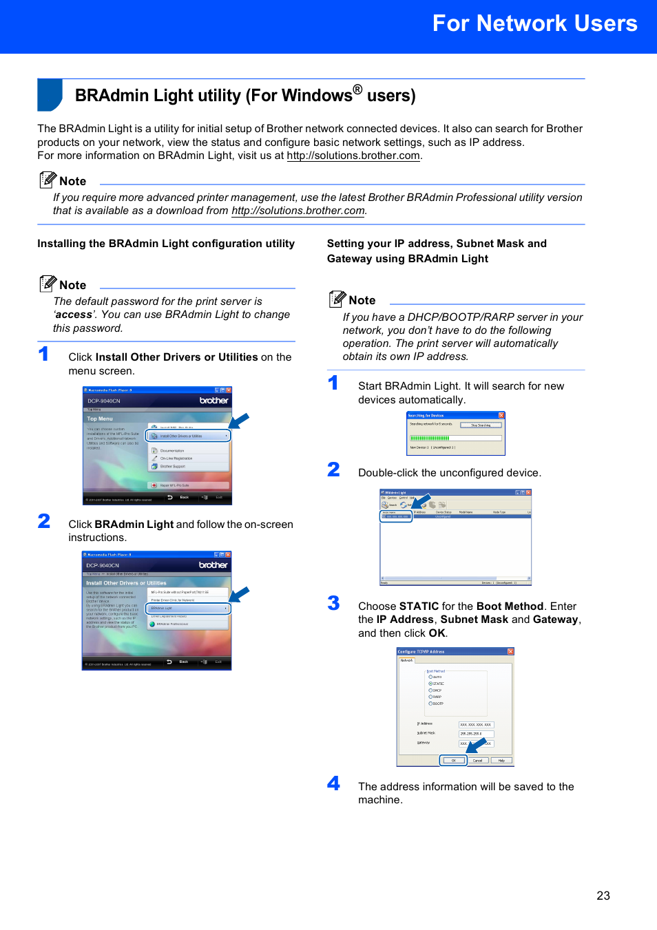 For network users, Bradmin light utility (for windows® users), Installing the bradmin light configuration utility | Bradmin light utility (for windows, Users) | Brother DCP 9040CN User Manual | Page 25 / 30