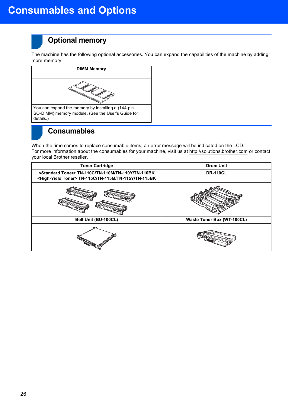 Consumables and options, Optional memory, Consumables | Optional memory consumables | Brother DCP 9040CN User Manual | Page 28 / 30