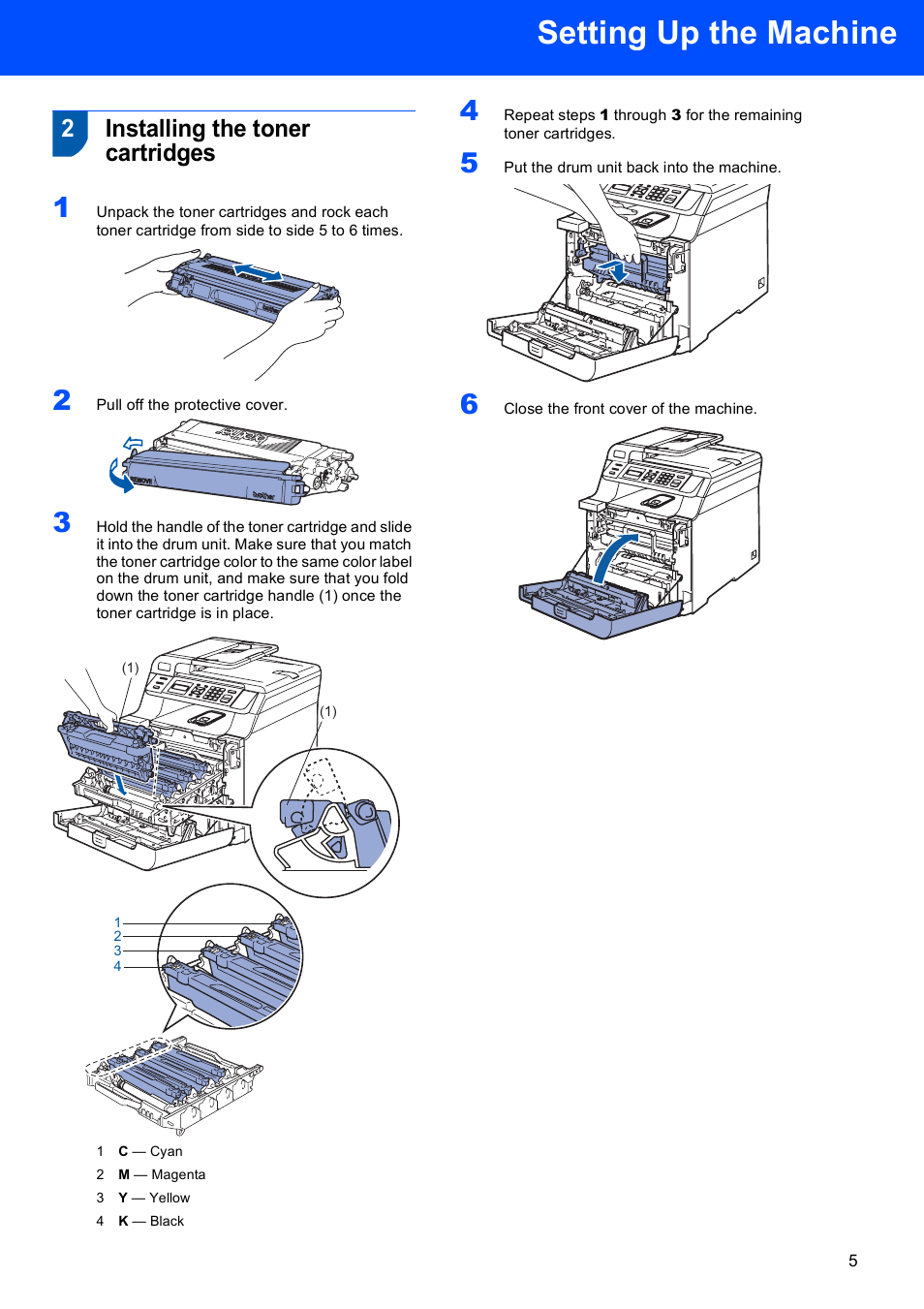 2 installing the toner cartridges, Installing the toner cartridges, Setting up the machine | 2installing the toner cartridges | Brother DCP 9040CN User Manual | Page 7 / 30