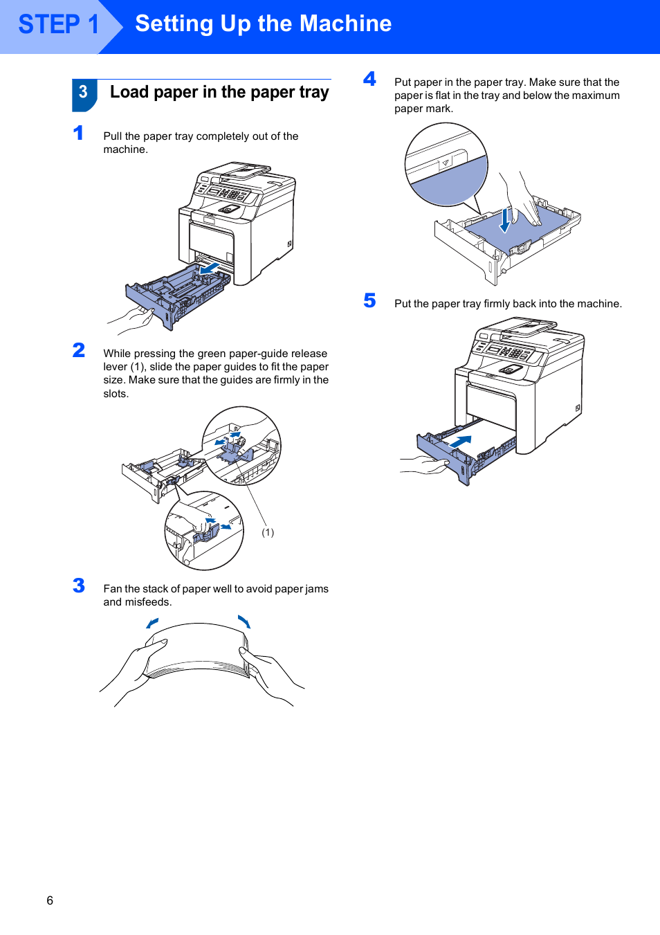 3 load paper in the paper tray, Load paper in the paper tray, Step 1 | Setting up the machine, 3load paper in the paper tray | Brother DCP 9040CN User Manual | Page 8 / 30