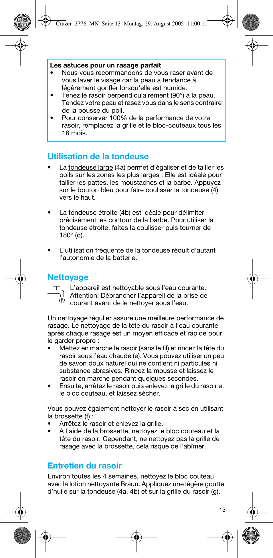 Utilisation de la tondeuse, Nettoyage, Entretien du rasoir | Braun 2776 CruZer2 User Manual | Page 12 / 59