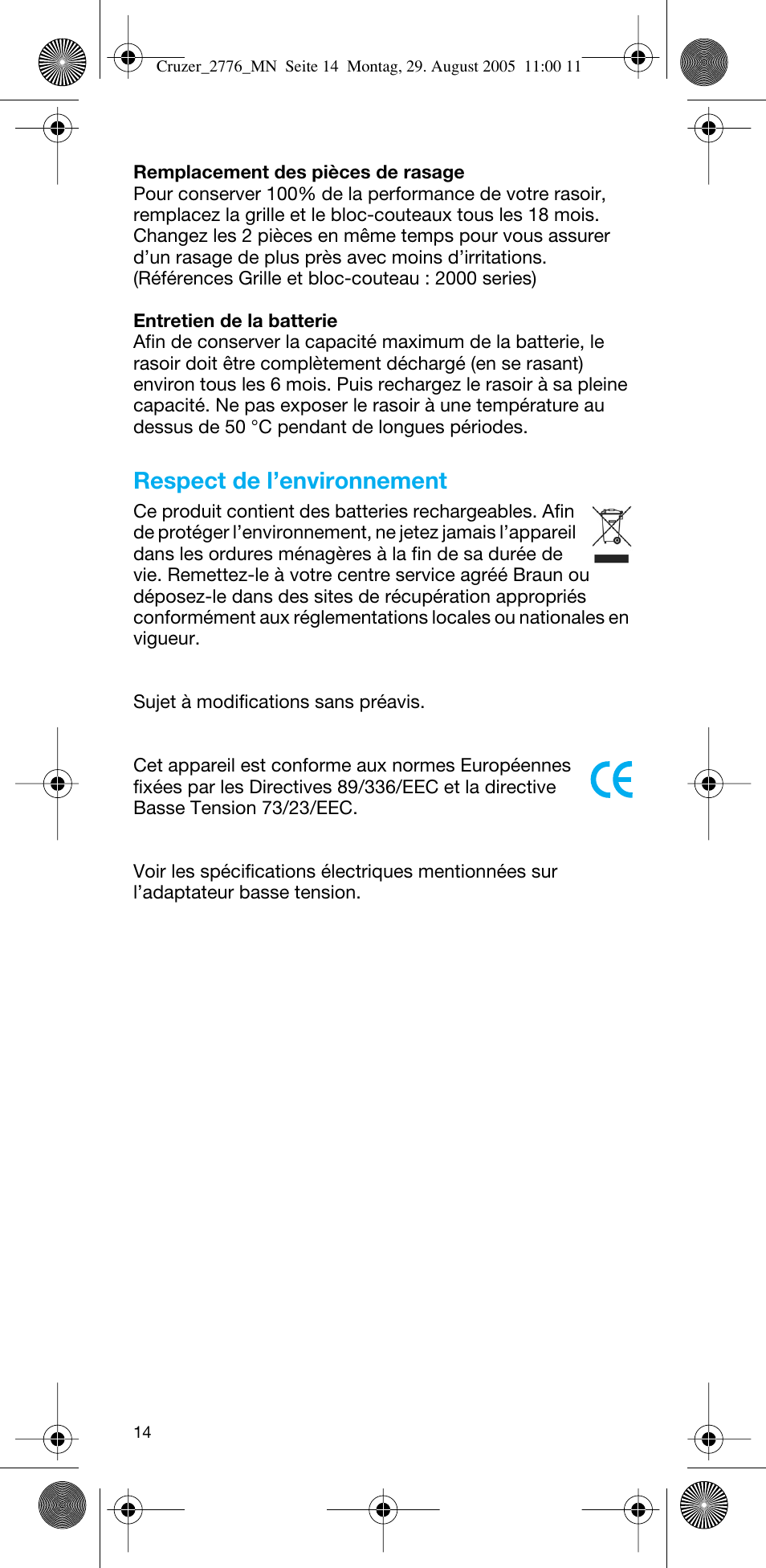 Respect de l’environnement | Braun 2776 CruZer2 User Manual | Page 13 / 59