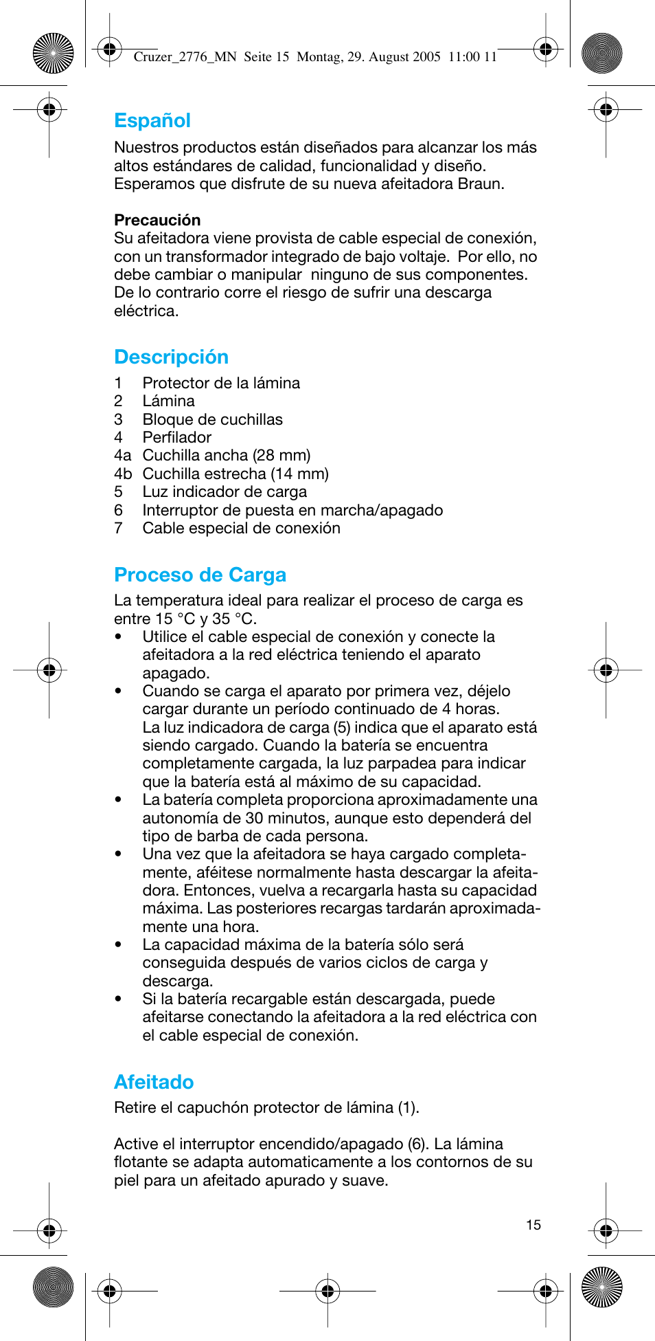 Español, Descripción, Proceso de carga | Afeitado | Braun 2776 CruZer2 User Manual | Page 14 / 59