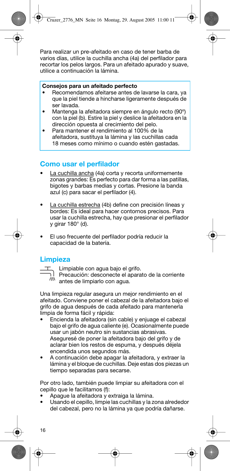 Como usar el perfilador, Limpieza | Braun 2776 CruZer2 User Manual | Page 15 / 59