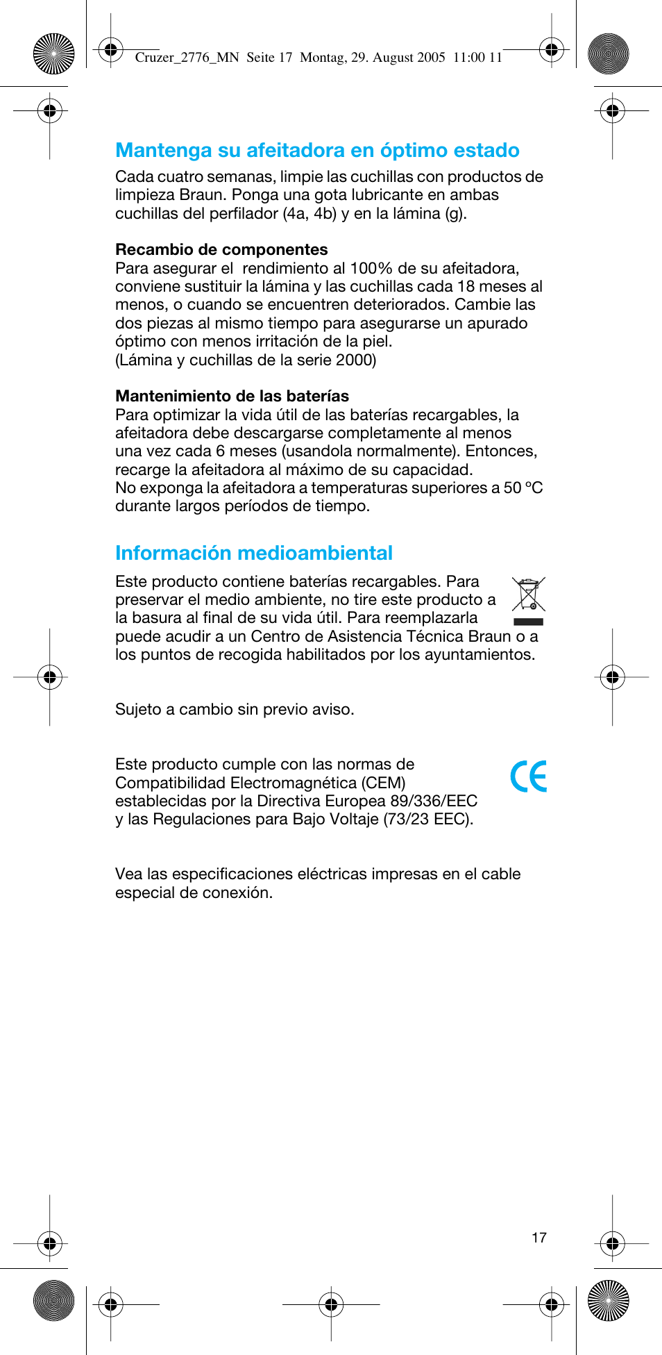 Mantenga su afeitadora en óptimo estado, Información medioambiental | Braun 2776 CruZer2 User Manual | Page 16 / 59