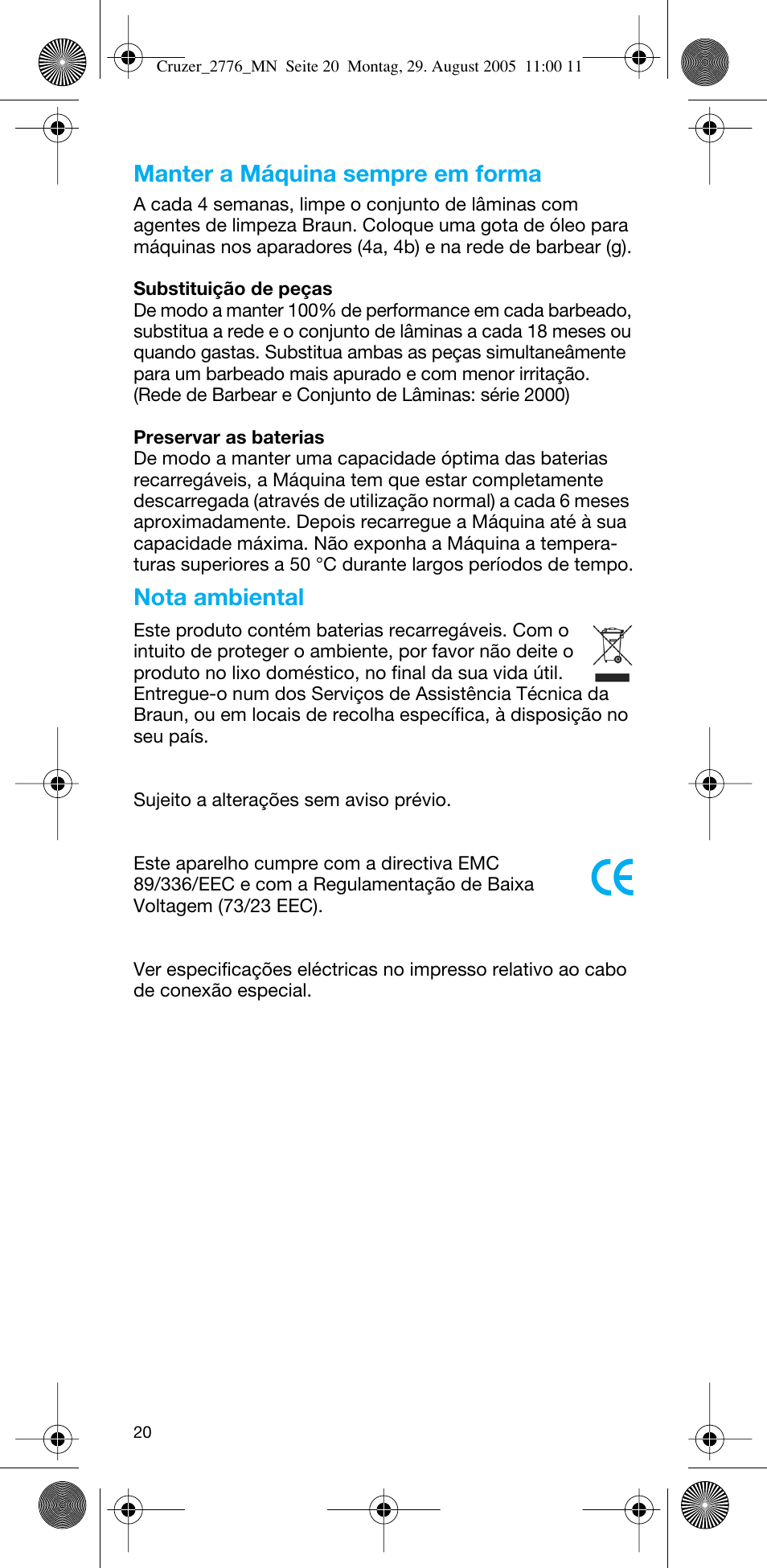 Manter a máquina sempre em forma, Nota ambiental | Braun 2776 CruZer2 User Manual | Page 19 / 59