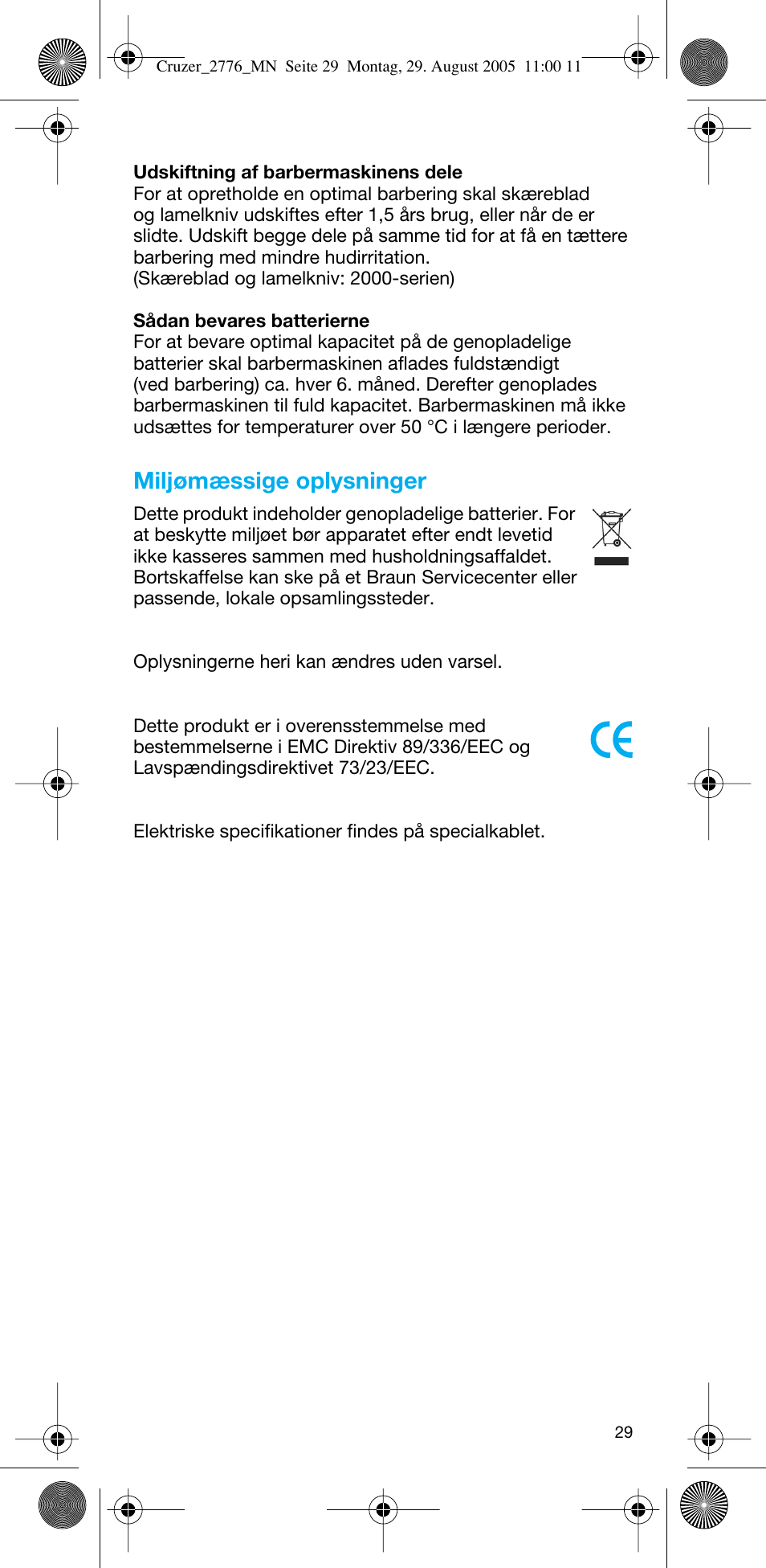 Miljømæssige oplysninger | Braun 2776 CruZer2 User Manual | Page 28 / 59